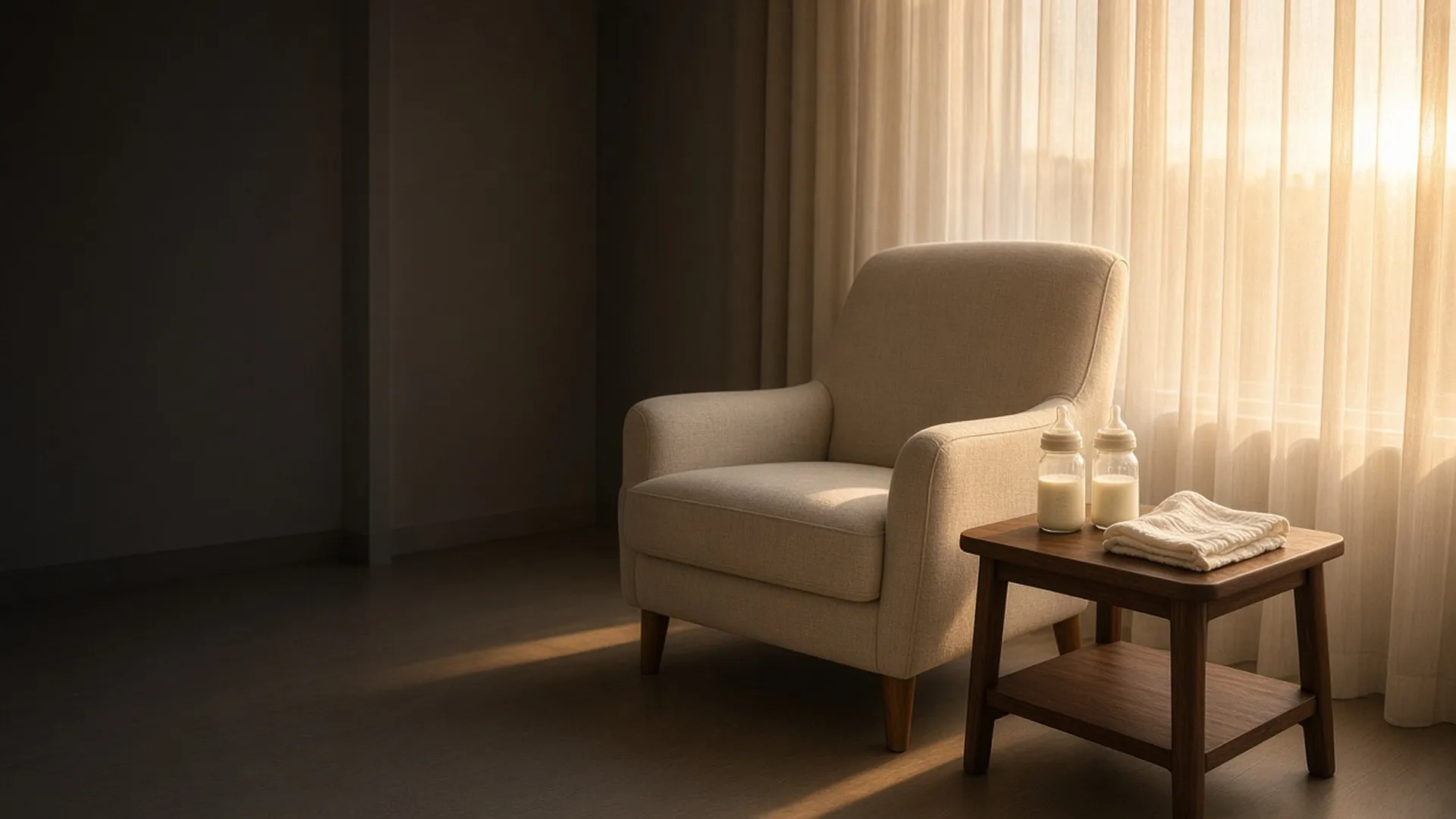 Two glass baby bottles on a side table by an armchair in a calm nursery