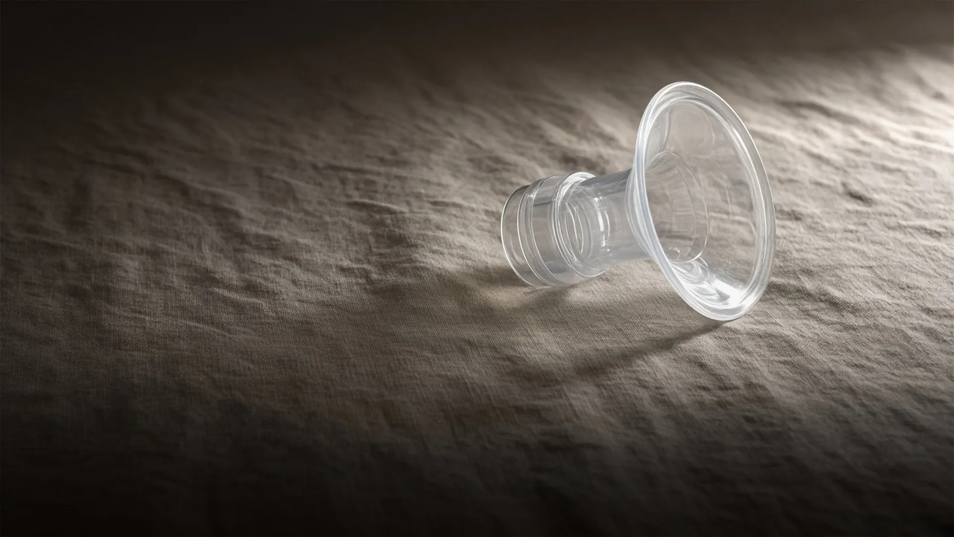 One clear breast shield lying on its side on grey linen in low light
